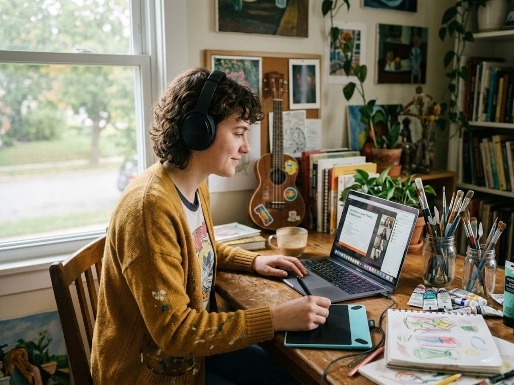 Family learning a new language through arts and creative online educational services